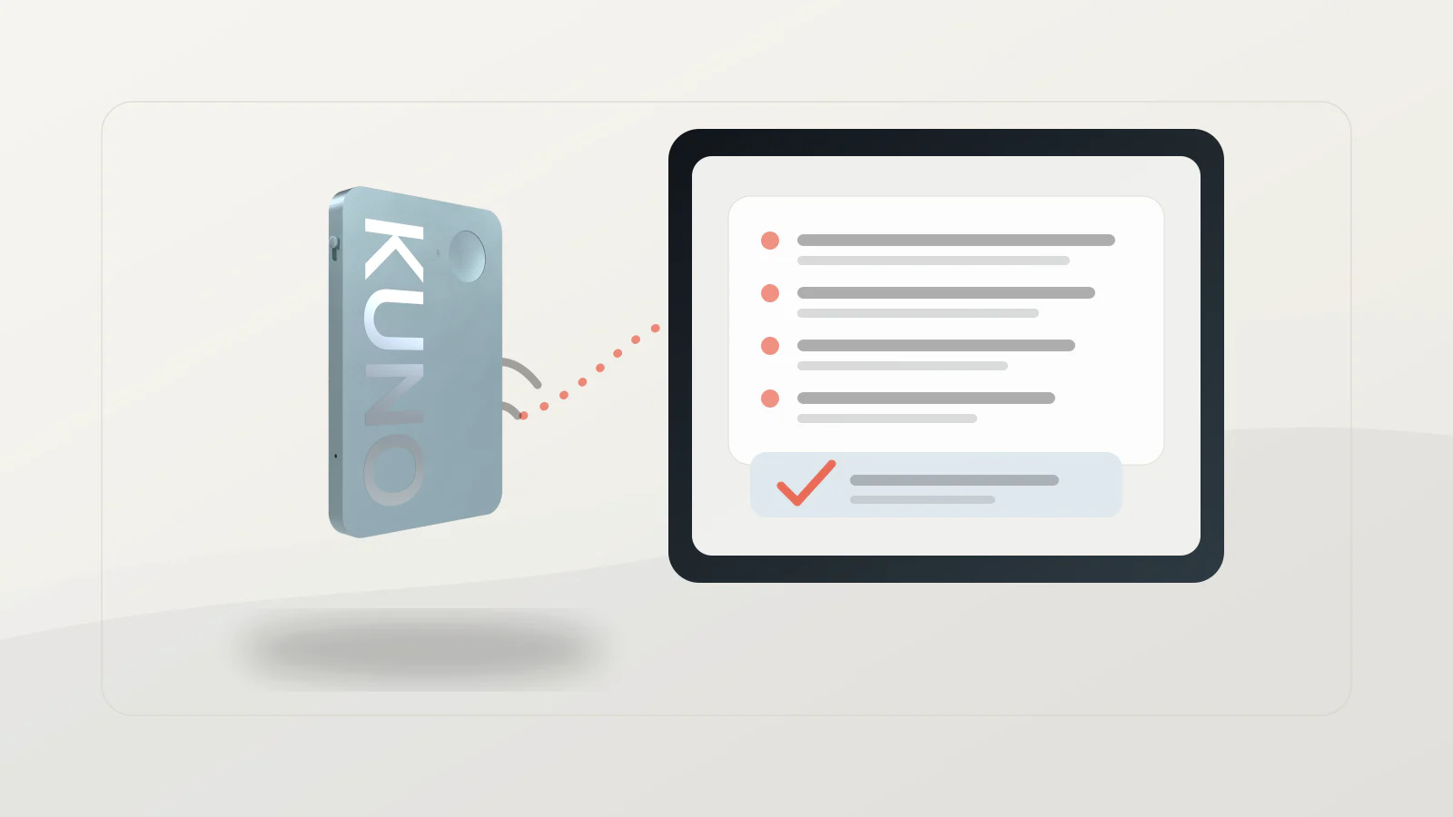 A Kuno recorder sending meeting audio into a structured summary and action-item view.