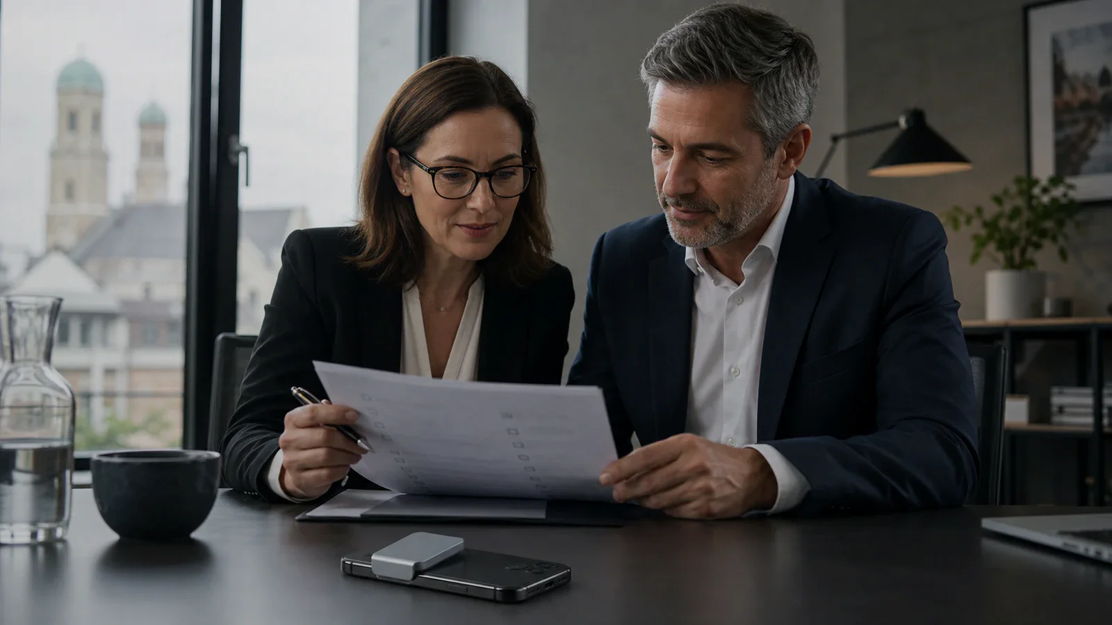 Two people reviewing consent paperwork with a Kuno recorder visible on the table.