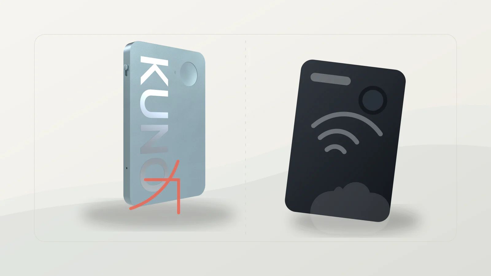 A Kuno recorder shown beside a generic cloud-based recorder to compare on-device and cloud AI meeting capture.