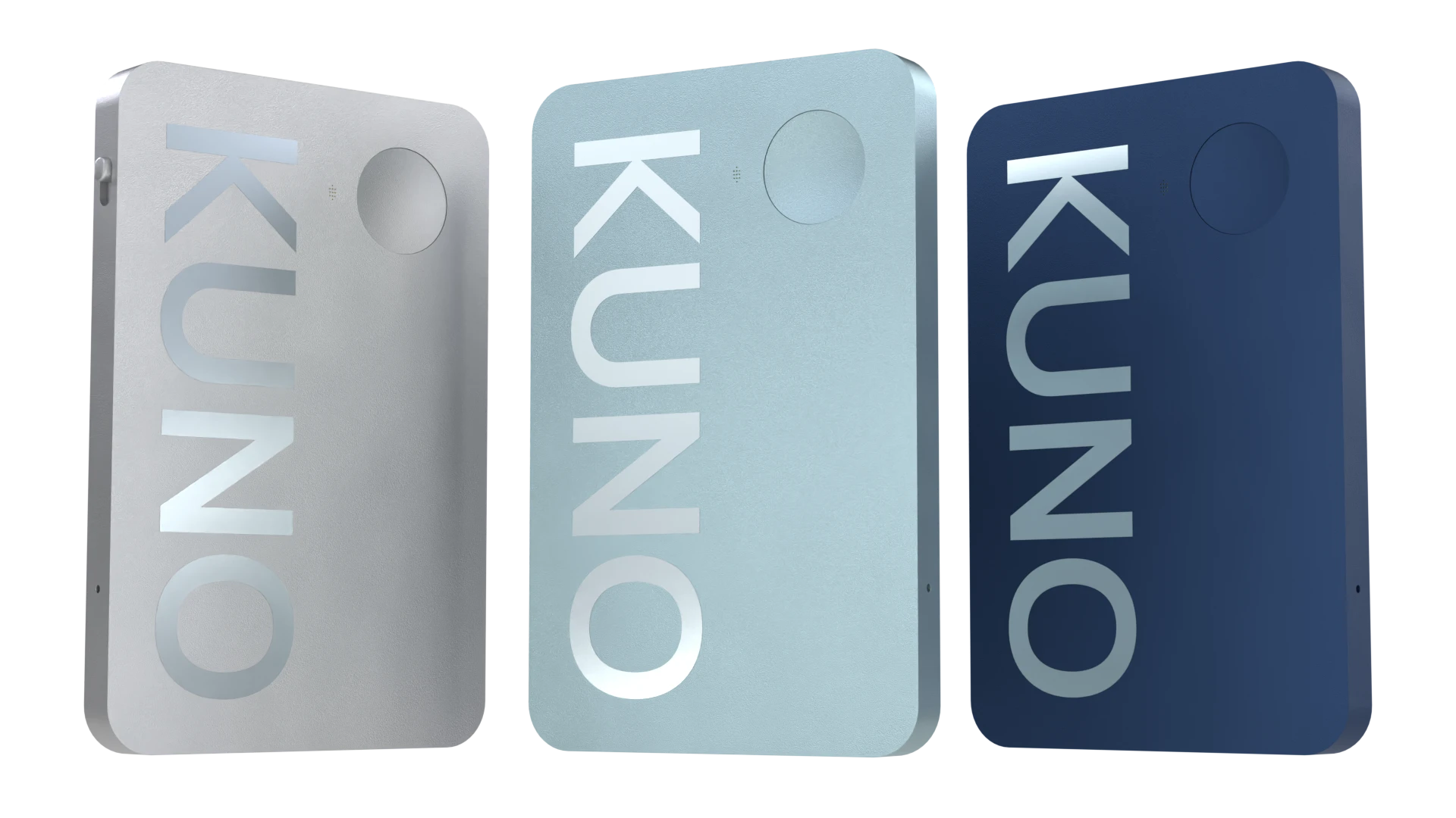 Die drei Kiolo-Editionen nebeneinander — Zugspitze Silver, Eibsee Blue (die Edition zum Start) und Helgoland Navy. Eloxiertes Aluminium-Unibody mit eingeprägtem KIOLO-Schriftzug.