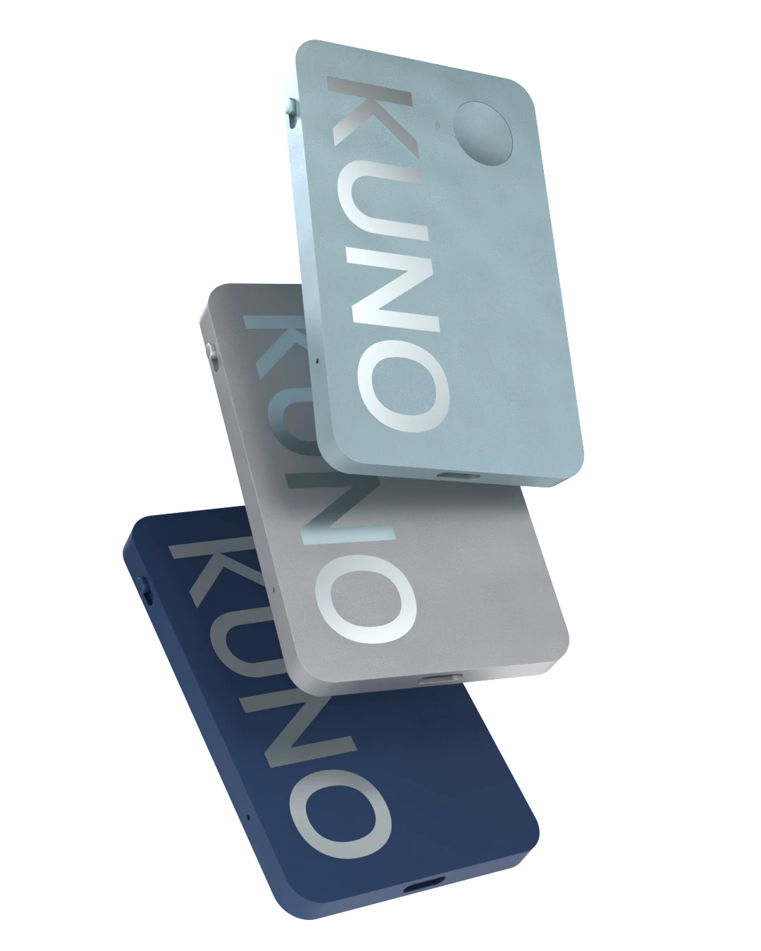 Three Kiolo devices staged in blue, silver, and ice blue.