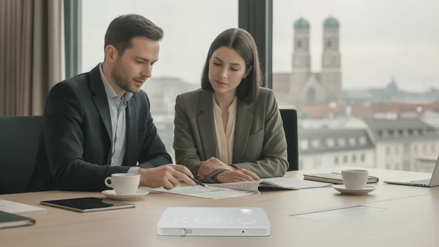 Professionnels de la protection des données et de l'IT examinant la conformité avec un téléphone et KIOLO sur la table.