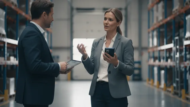 Une responsable des opérations accomplie consigne des notes de terrain dans un entrepôt avec KIOLO fixé à son téléphone.