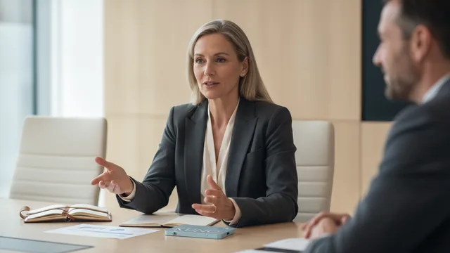 Eine erfolgreiche Führungskraft und Strategieberaterin leitet ein Strategiegespräch, während ein sichtbarer KIOLO-Rekorder auf dem Tisch liegt.