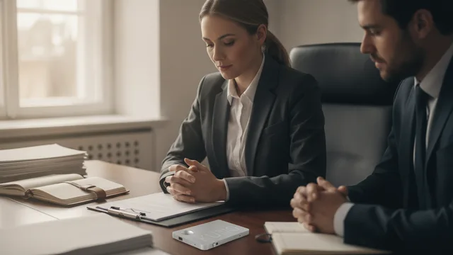 Une juriste accomplie relit des documents confidentiels avec un client pendant que KIOLO enregistre visiblement sur la table.