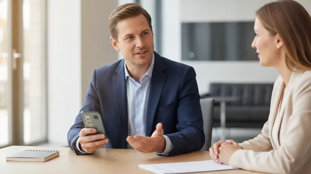 Un responsable commercial accompli échange sur les prochaines étapes pendant une visite client, tandis que KIOLO enregistre depuis son téléphone.